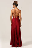 Lace-Up Back Burgundy Long Bridesmaid Dress with Slit