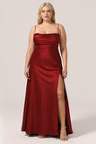 Simple A Line Lace-Up Back Burgundy Long Bridesmaid Dress with Criss Cross Back