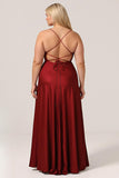 Simple A Line Lace-Up Back Burgundy Long Bridesmaid Dress with Criss Cross Back