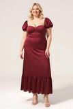 Plus Size Sweetheart Burgundy Maxi Bridesmaid Dress with Sleeves
