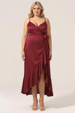 Plus Size High Low A Line Spaghetti Straps Burgundy Bridesmaid Dress with Ruffles