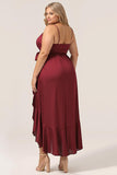 Plus Size High Low A Line Spaghetti Straps Burgundy Bridesmaid Dress with Ruffles