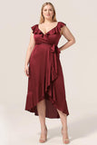 Plus Size Burgundy Ruffled A Line V-Neck High Low Bridesmaid Dress