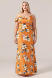 Plus Size Mermaid Asymmetrical Neck Orange Flower Long Bridesmaid Dress