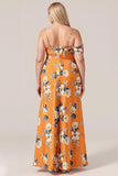 Plus Size Mermaid Asymmetrical Neck Orange Flower Long Bridesmaid Dress