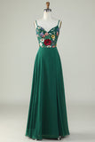 Beauty A-Line Spaghetti Straps Dark Green Long Bridesmaid Dress with 3D Flowers