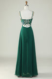 Beauty A-Line Spaghetti Straps Dark Green Long Bridesmaid Dress with 3D Flowers