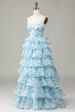 A Line Gorgeous Spaghetti Straps Cut Out Tiered Blue Bridesmaid Dress