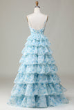 Gorgeous A Line Spaghetti Straps Cut Out Tiered Blue Bridesmaid Dress