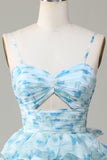 A Line Gorgeous Spaghetti Straps Cut Out Tiered Blue Bridesmaid Dress