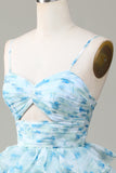 A Line Gorgeous Spaghetti Straps Cut Out Tiered Blue Bridesmaid Dress
