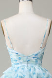 A Line Gorgeous Spaghetti Straps Cut Out Tiered Blue Bridesmaid Dress