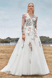 Tulle Long Sleeves Long Ivory Wedding Dress with Embroidery