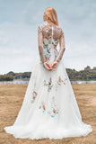 Tulle Long Sleeves Long Ivory Wedding Dress with Embroidery