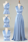 Blue Satin Convertible Bridesmaid Dress with Slit