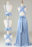 Blue Satin Convertible Bridesmaid Dress with Slit