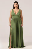 Elegant Plus Size A Line Olive Deep V-neck Maxi Bridesmaid Dress