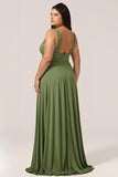 Elegant Plus Size A Line Olive Deep V-neck Maxi Bridesmaid Dress