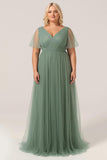 Eucalyptus V Neck Open Back A Line Bridesmaid Dress