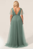 Eucalyptus V Neck Open Back A Line Bridesmaid Dress