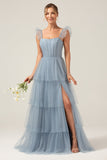 Purple Detachable Straps A Line Tiered Bridesmaid Dress with Slit