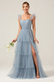 Detachable Straps A Line Eucalyptus Bridesmaid Dress