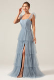 Purple Detachable Straps A Line Tiered Bridesmaid Dress with Slit