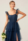 Dusty Blue Detachable Straps A Line Tiered Bridesmaid Dress with Slit
