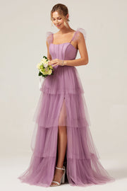 Purple Detachable Straps A Line Tiered Bridesmaid Dress with Slit