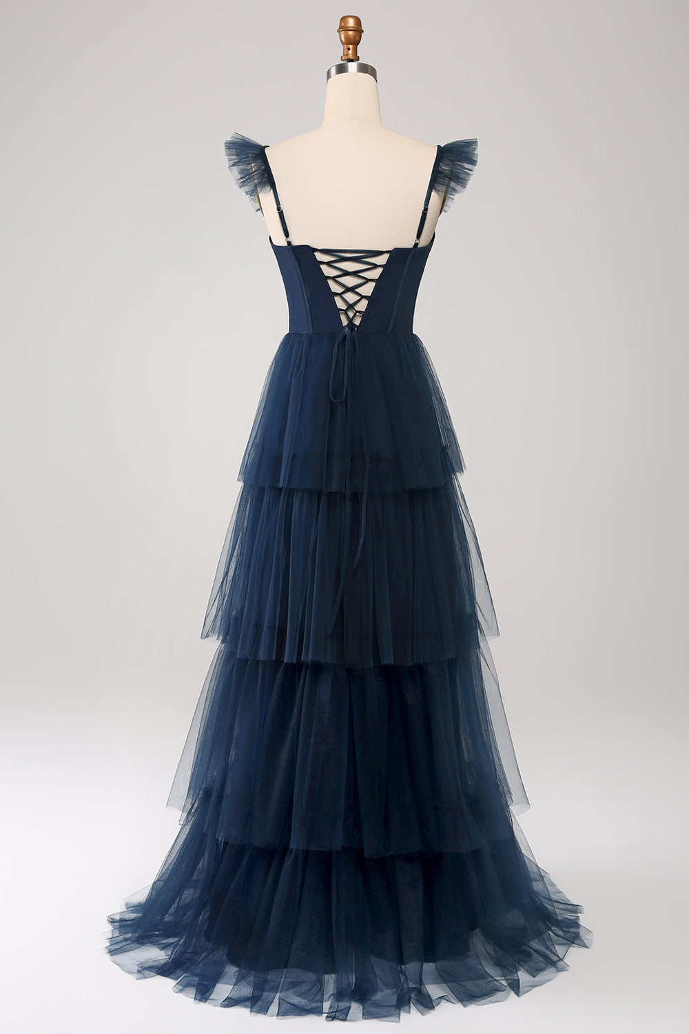 Leely Women Navy Tiered Corset Bridesmaid Dress with Slit Tulle A Line