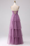 A Line Spaghetti Straps Long Tulle Eucalyptus Bridesmaid Dress