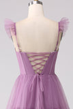 A Line Spaghetti Straps Long Tulle Eucalyptus Bridesmaid Dress