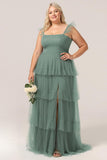 Navy Detachable Straps A Line Tiered Bridesmaid Dress with Slit