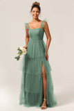 A Line Spaghetti Straps Long Tulle Eucalyptus Bridesmaid Dress
