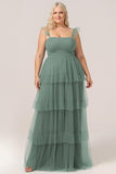 Navy Detachable Straps A Line Tiered Bridesmaid Dress with Slit