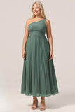 Plus Size A Line Pleated One Shoulder Eucalyptus Long Bridesmaid Dress