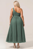 Plus Size A Line Pleated One Shoulder Eucalyptus Long Bridesmaid Dress