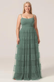Gorgeous Plus Size A Line Spaghetti Straps Eucalyptus Tulle Long Bridesmaid Dress