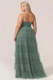 Gorgeous Plus Size A Line Spaghetti Straps Eucalyptus Tulle Long Bridesmaid Dress