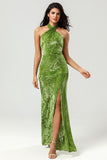 Velvet Halter Olive Bridesmaid Dress