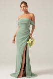 Dusty Sage Off the Shoulder Sheath Chiffon Bridesmaid Dress With Slit