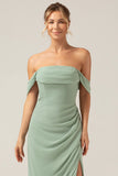 Dusty Sage Off the Shoulder Sheath Chiffon Bridesmaid Dress With Slit