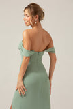 Dusty Sage Off the Shoulder Sheath Chiffon Bridesmaid Dress With Slit