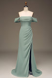 Dusty Sage Off the Shoulder Sheath Chiffon Bridesmaid Dress With Slit