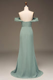 Dusty Sage Off the Shoulder Sheath Chiffon Bridesmaid Dress With Slit