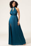 Peacock A-Line Halter Neck Long Bridesmaid Dress with Slit