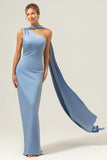 Blue Sheath One Shoulder Satin Long Bridesmaid Dress