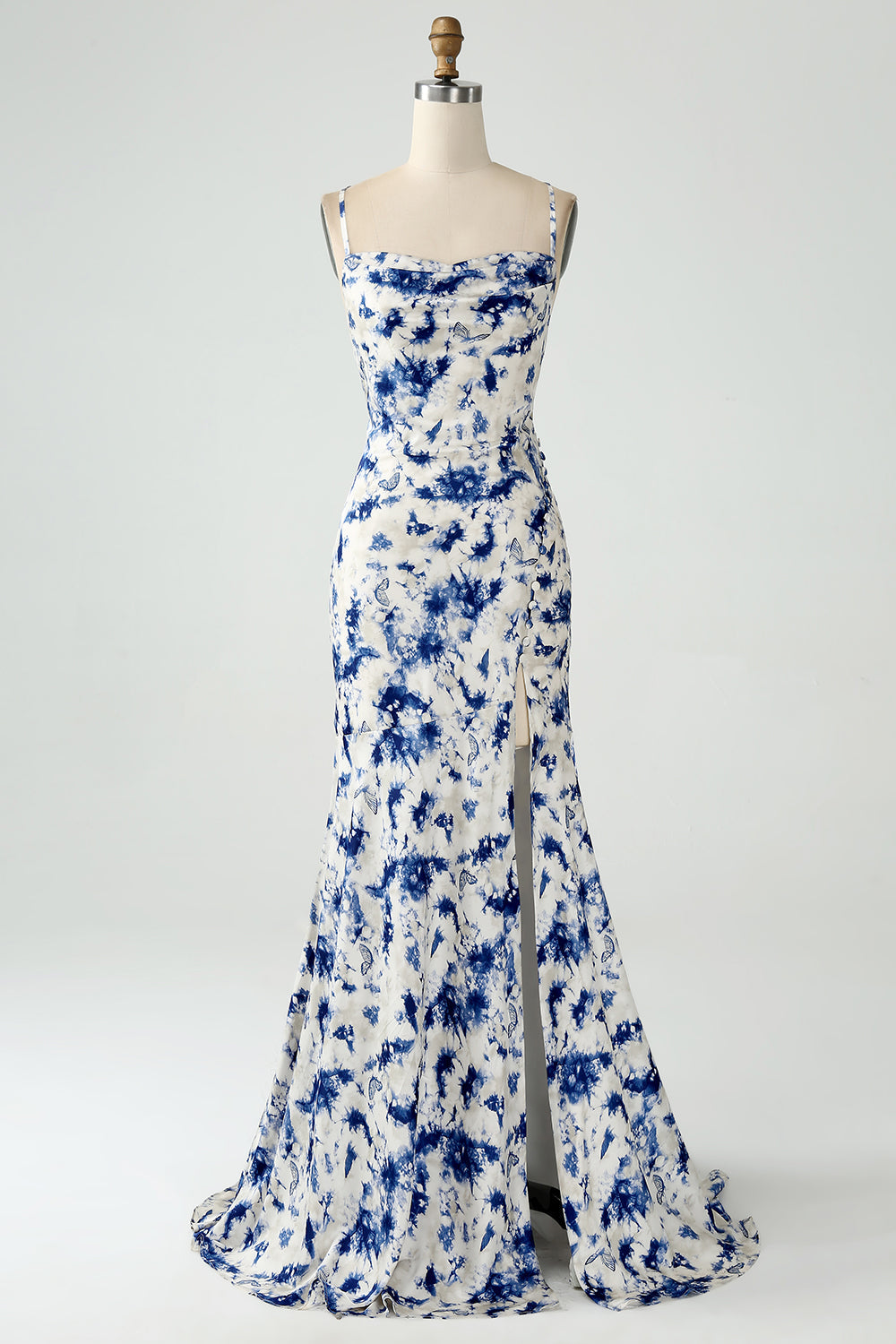 Leely Women Blue Flower Bridesmaid Dress With Slit Mermaid Floral Long