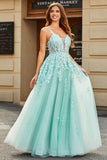 Mint A Line Tulle Spaghetti Straps Long Prom Dress With Appliques