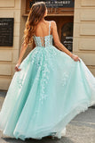 Mint A Line Tulle Spaghetti Straps Long Prom Dress With Appliques